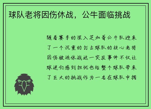 球队老将因伤休战，公牛面临挑战